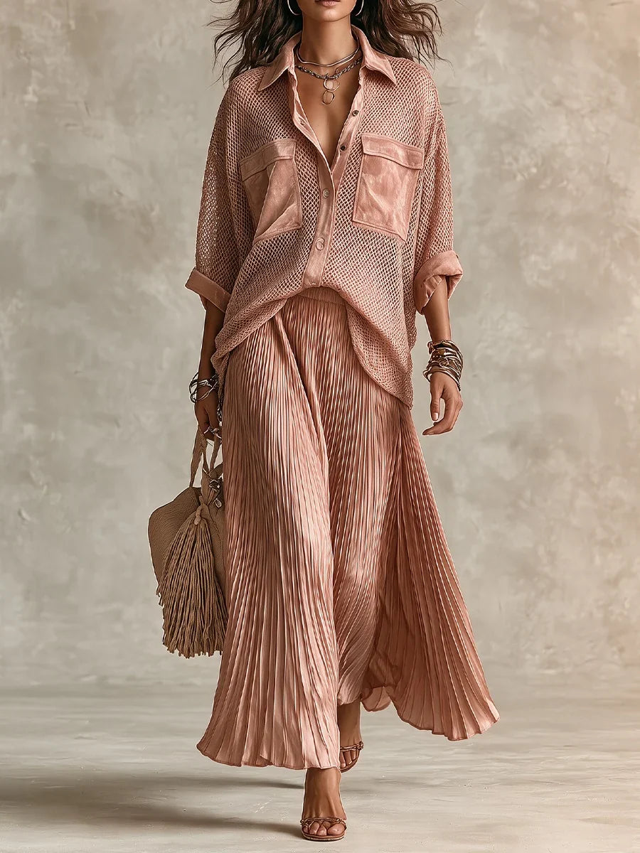 Camille | Mesh Shirt & Pleated Skirt Set