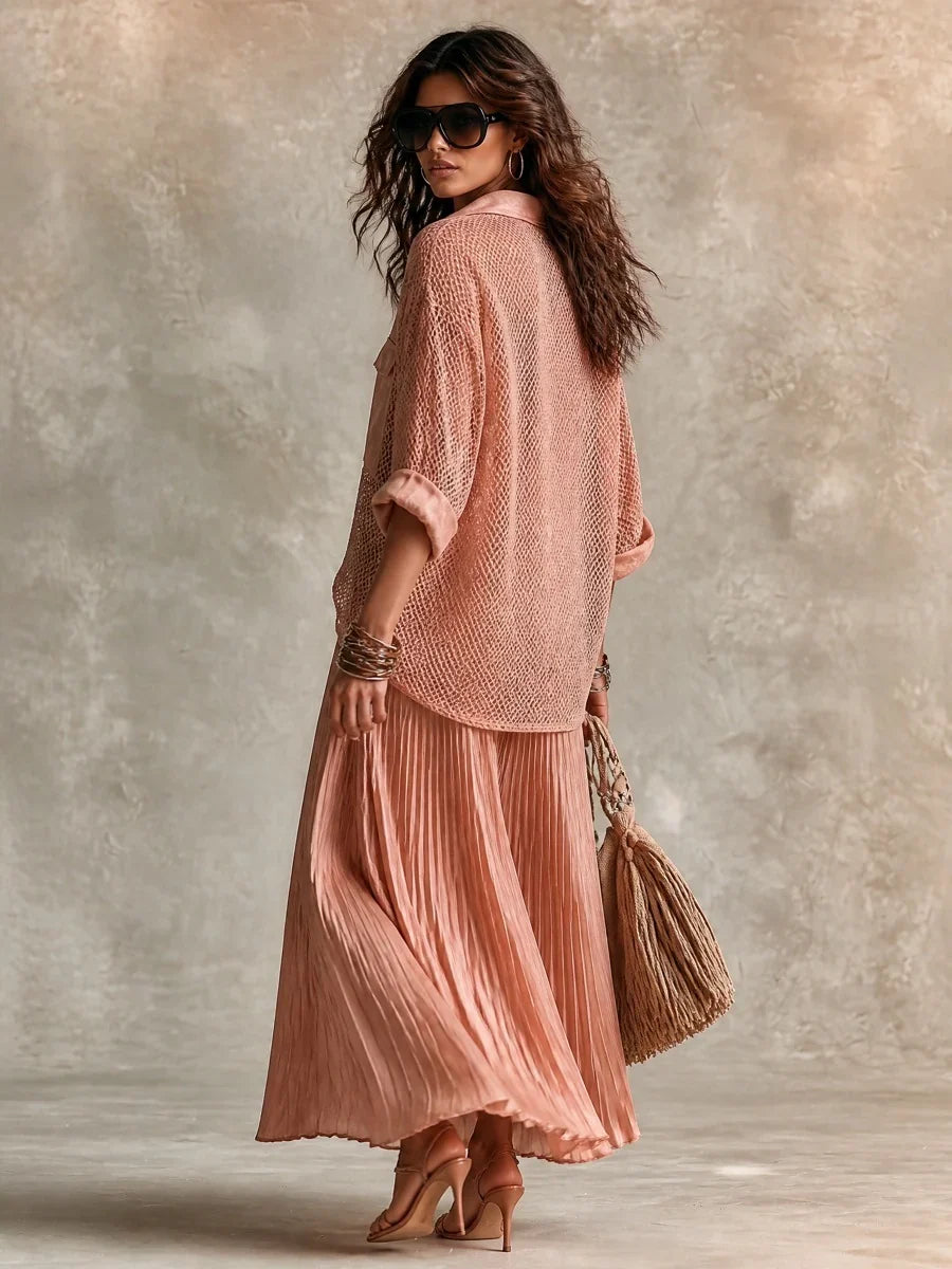 Camille | Mesh Shirt & Pleated Skirt Set