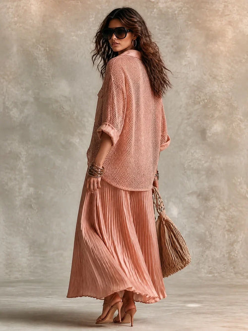 Camille | Mesh Shirt & Pleated Skirt Set