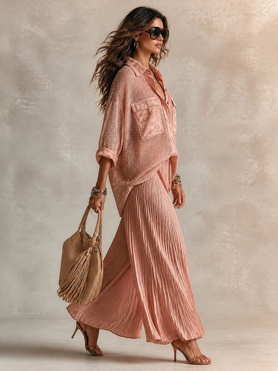 Camille | Mesh Shirt & Pleated Skirt Set