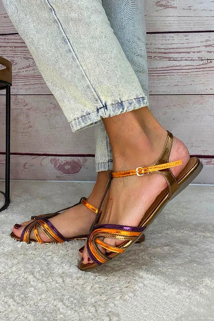 Jessica | Golden Sandals with Buckle and Multicolored Strap for Summer