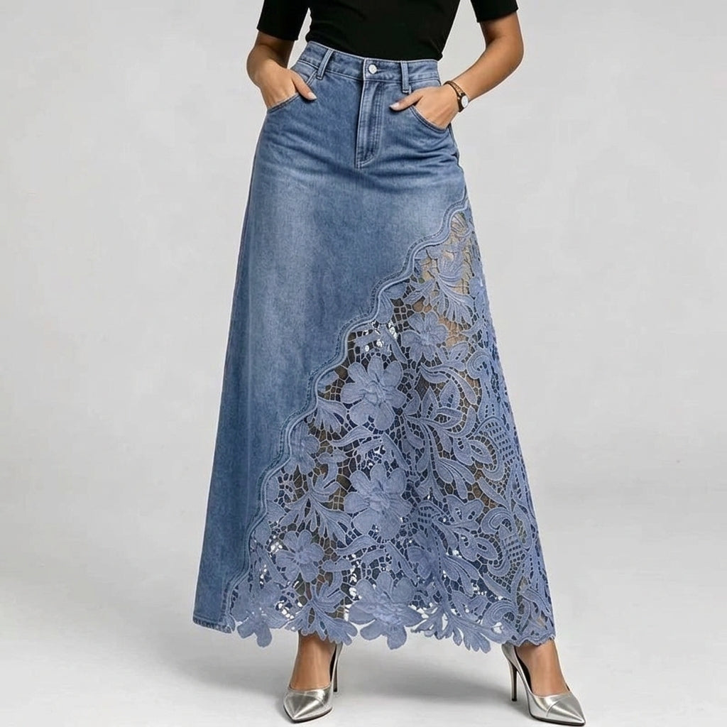 Elysian Lace-Trim Denim Maxi Skirt