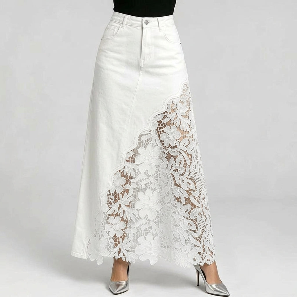Elysian Lace-Trim Denim Maxi Skirt