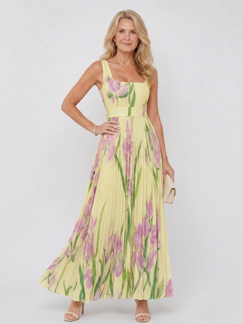 Phyllis | Sleeveless Satin Midi Dress with Square Neckline and Elegant Pleats