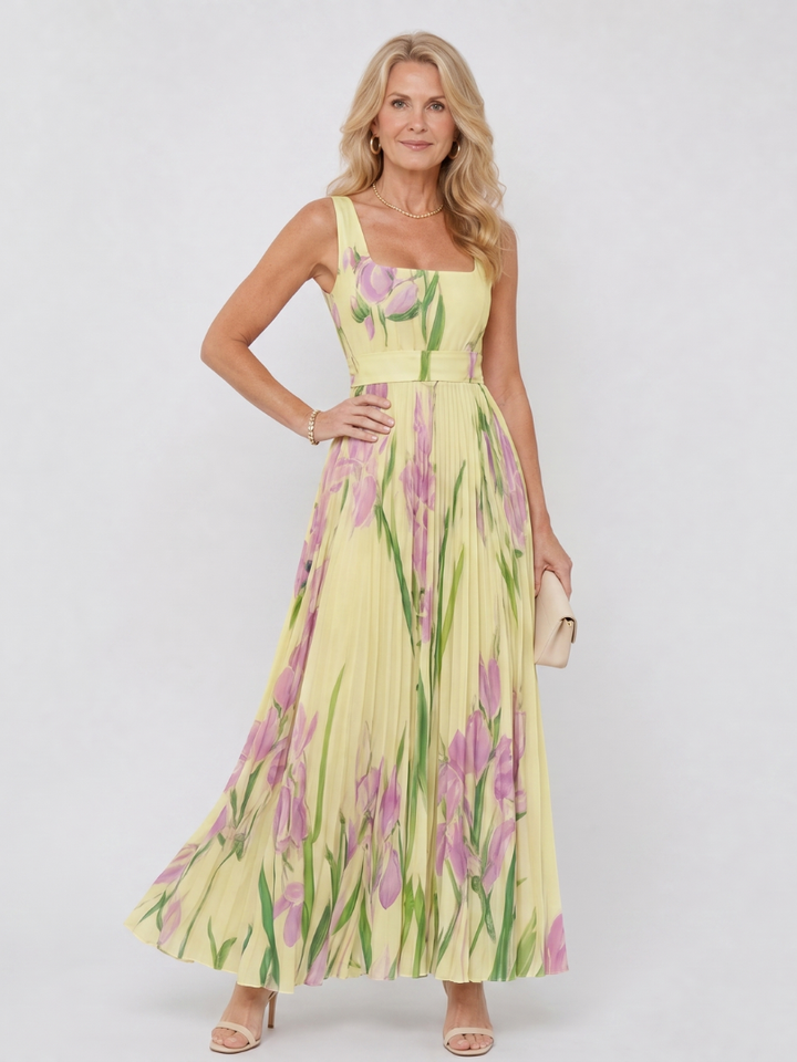 Phyllis | Sleeveless Satin Midi Dress with Square Neckline and Elegant Pleats