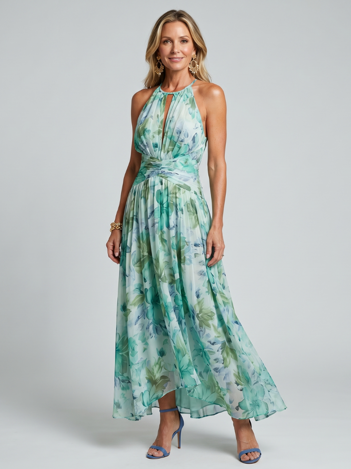 Palmer | Portia Midi Dress in Pleated Crepe with Halter Neck and Floral Print