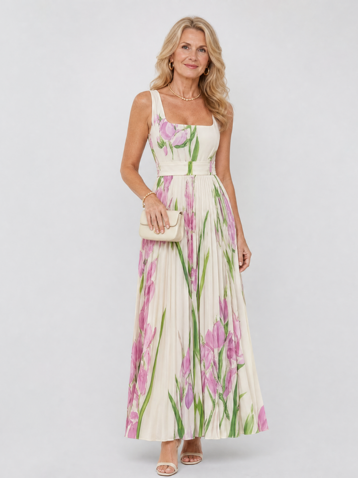Phyllis | Sleeveless Satin Midi Dress with Square Neckline and Elegant Pleats