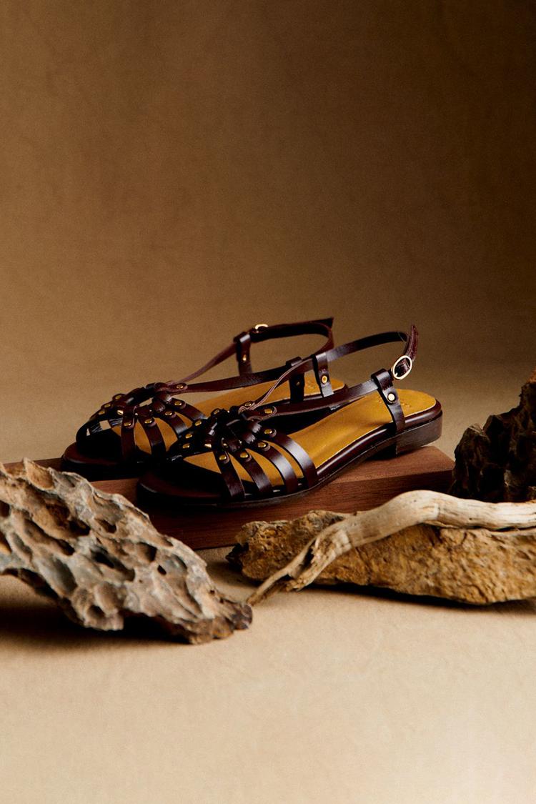 Linda | Dark Brown Studded Sandals with Openings for Summer