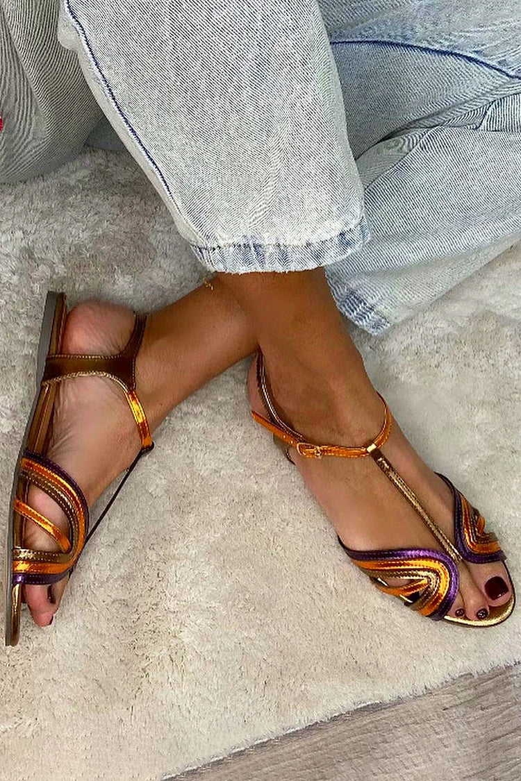 Jessica | Golden Sandals with Buckle and Multicolored Strap for Summer