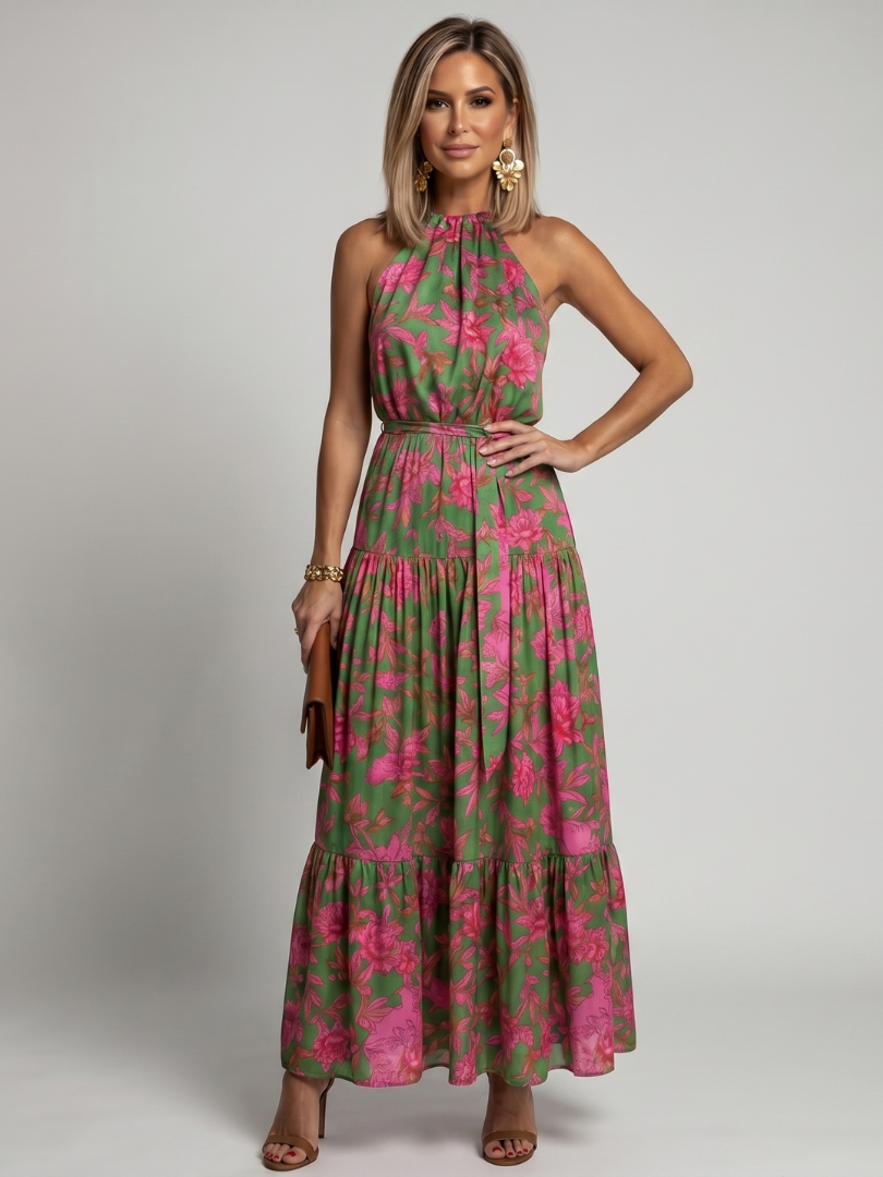 Norma | Elegant pink draped midi dress with halter neckline