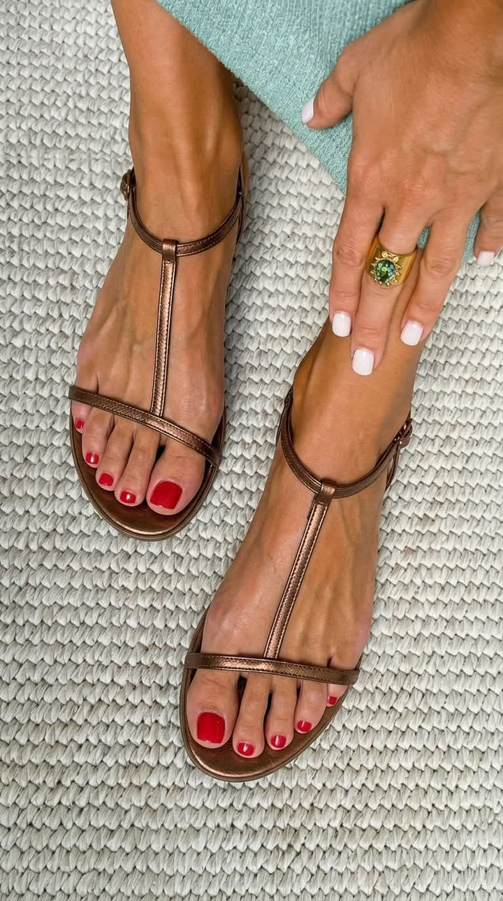 Melissa | Flat Metallic Sandals with T-Straps for Summer