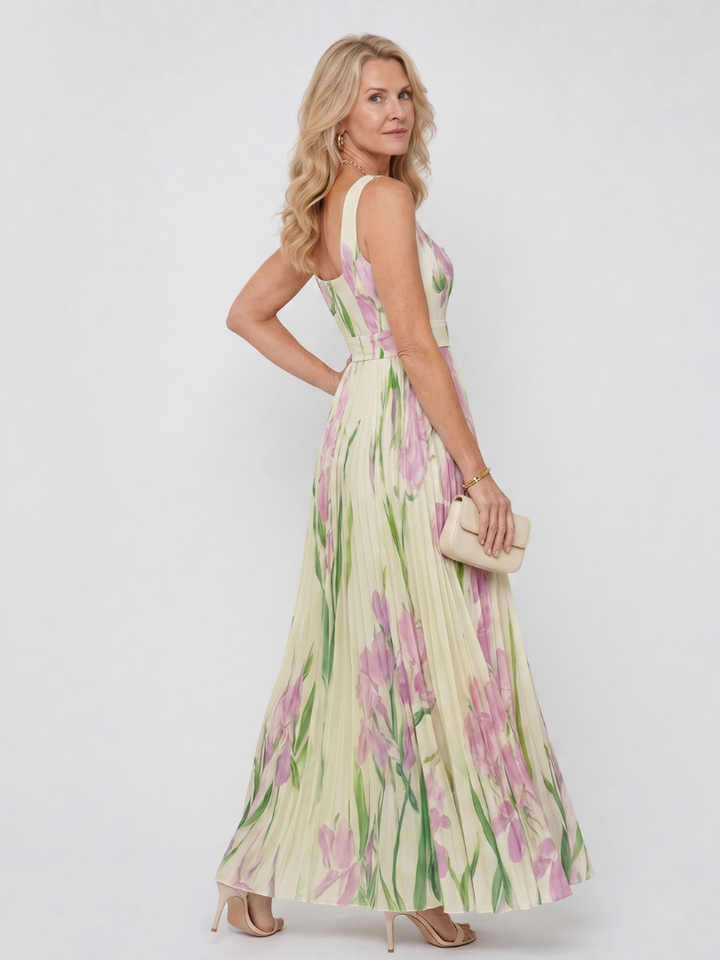 Phyllis | Sleeveless Satin Midi Dress with Square Neckline and Elegant Pleats