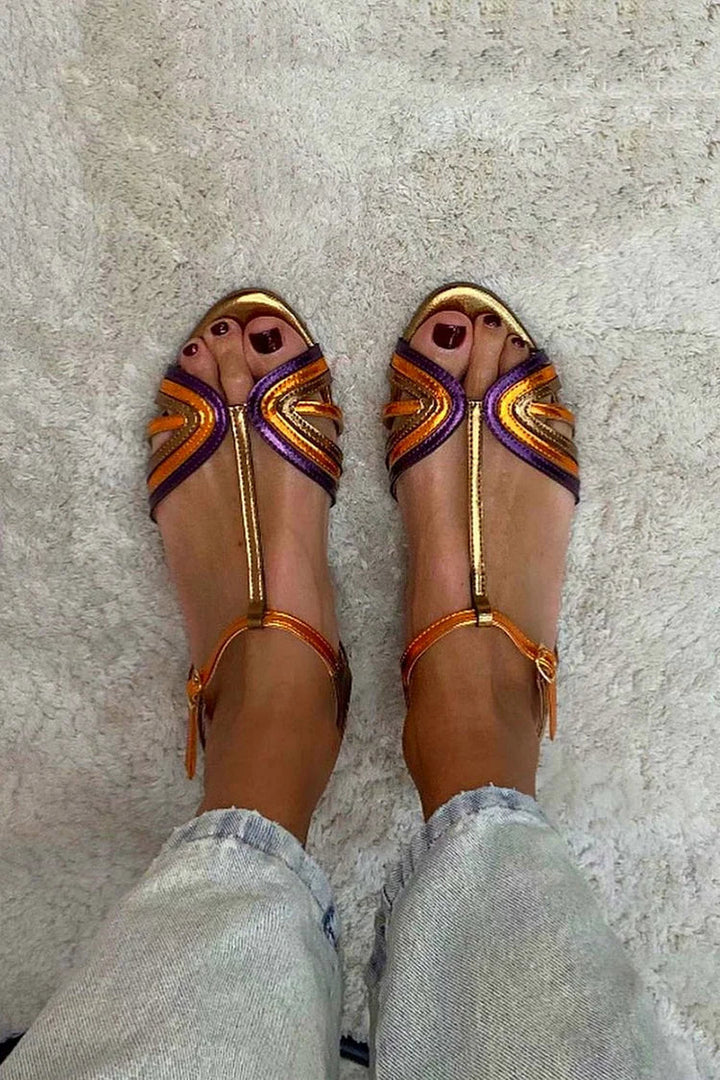 Jessica | Golden Sandals with Buckle and Multicolored Strap for Summer