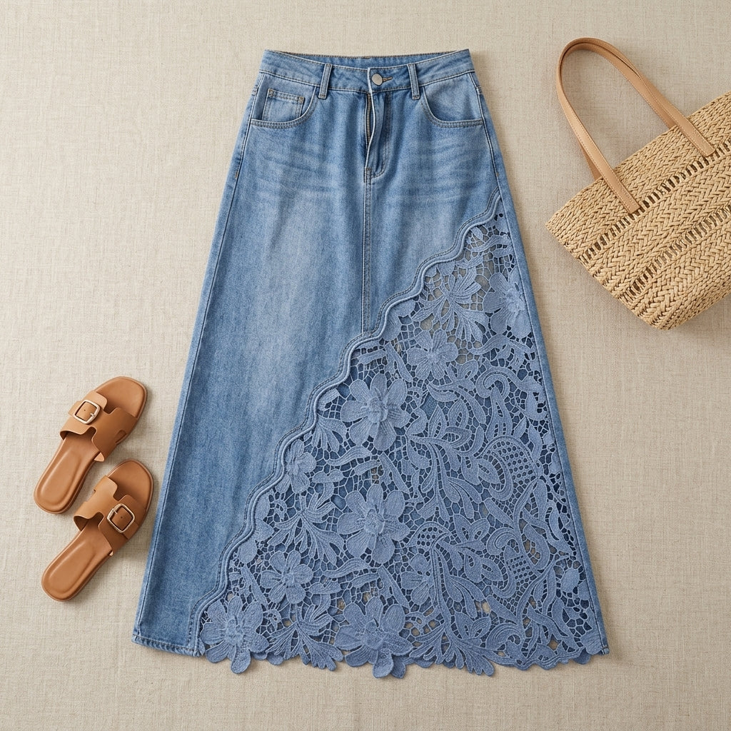 Elysian Lace-Trim Denim Maxi Skirt