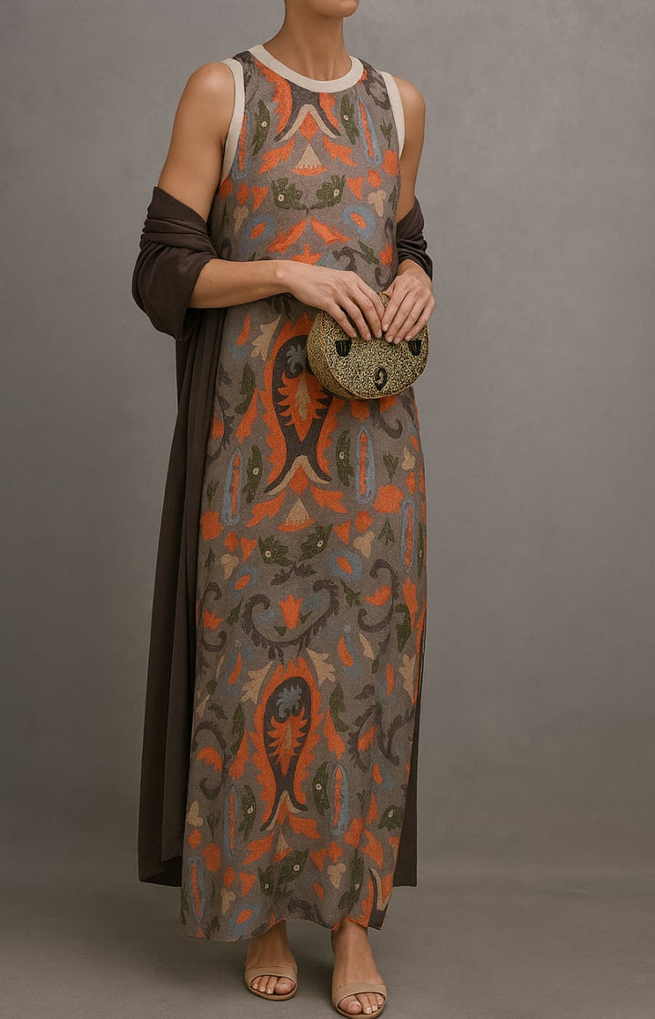 Elina | Long Printed Dress Set with Matching Gilet