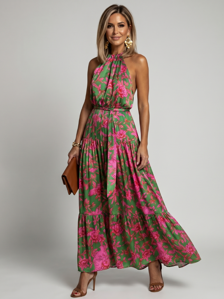 Norma | Elegant pink draped midi dress with halter neckline