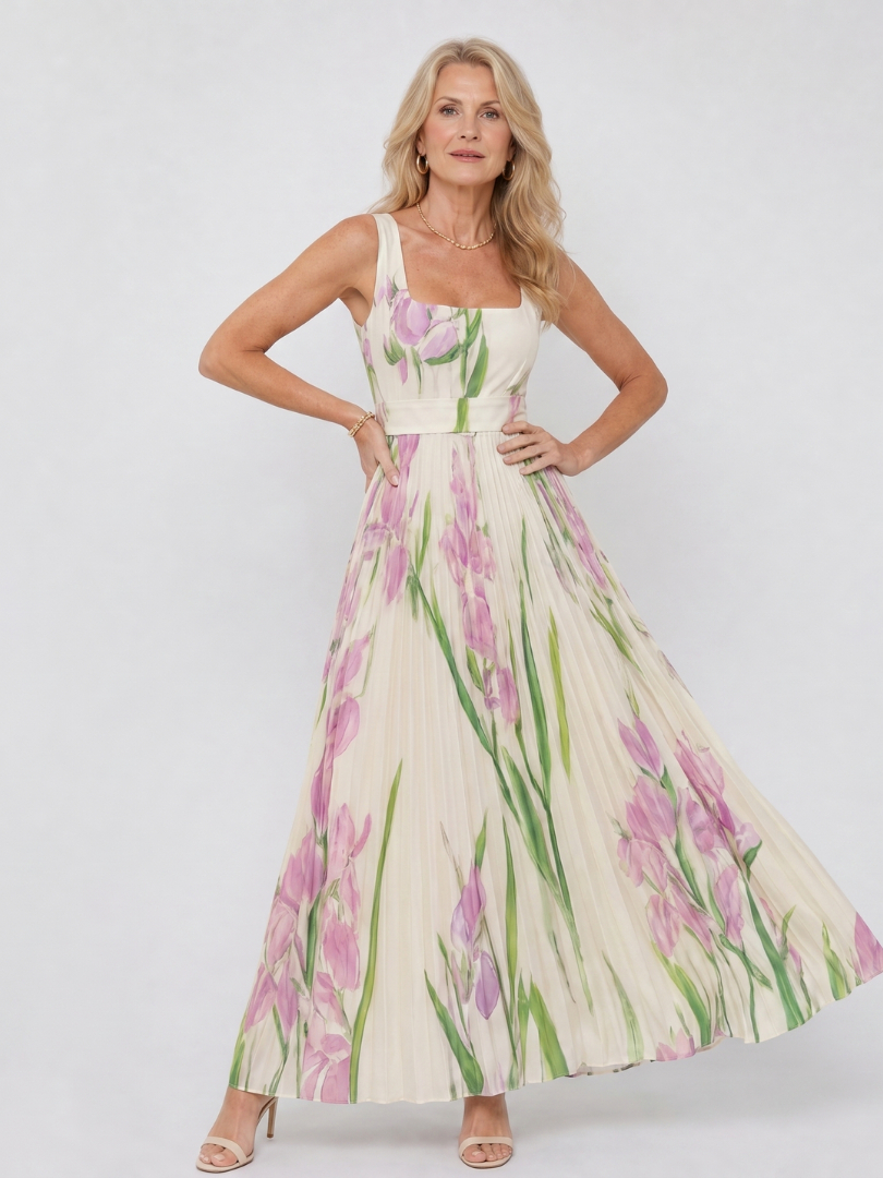 Phyllis | Sleeveless Satin Midi Dress with Square Neckline and Elegant Pleats