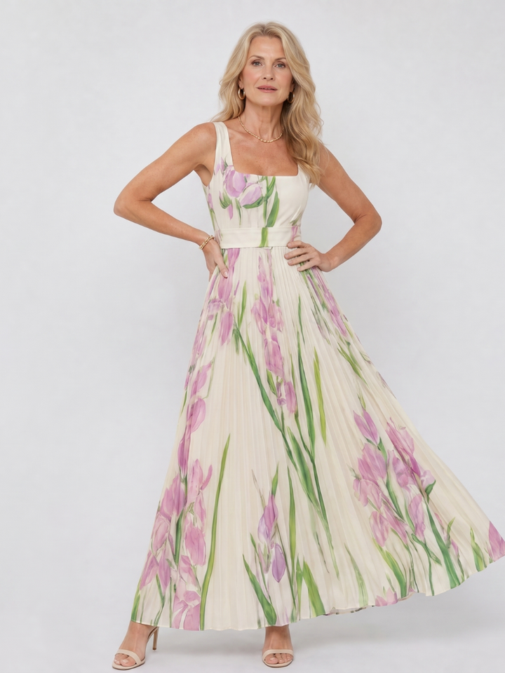 Phyllis | Sleeveless Satin Midi Dress with Square Neckline and Elegant Pleats