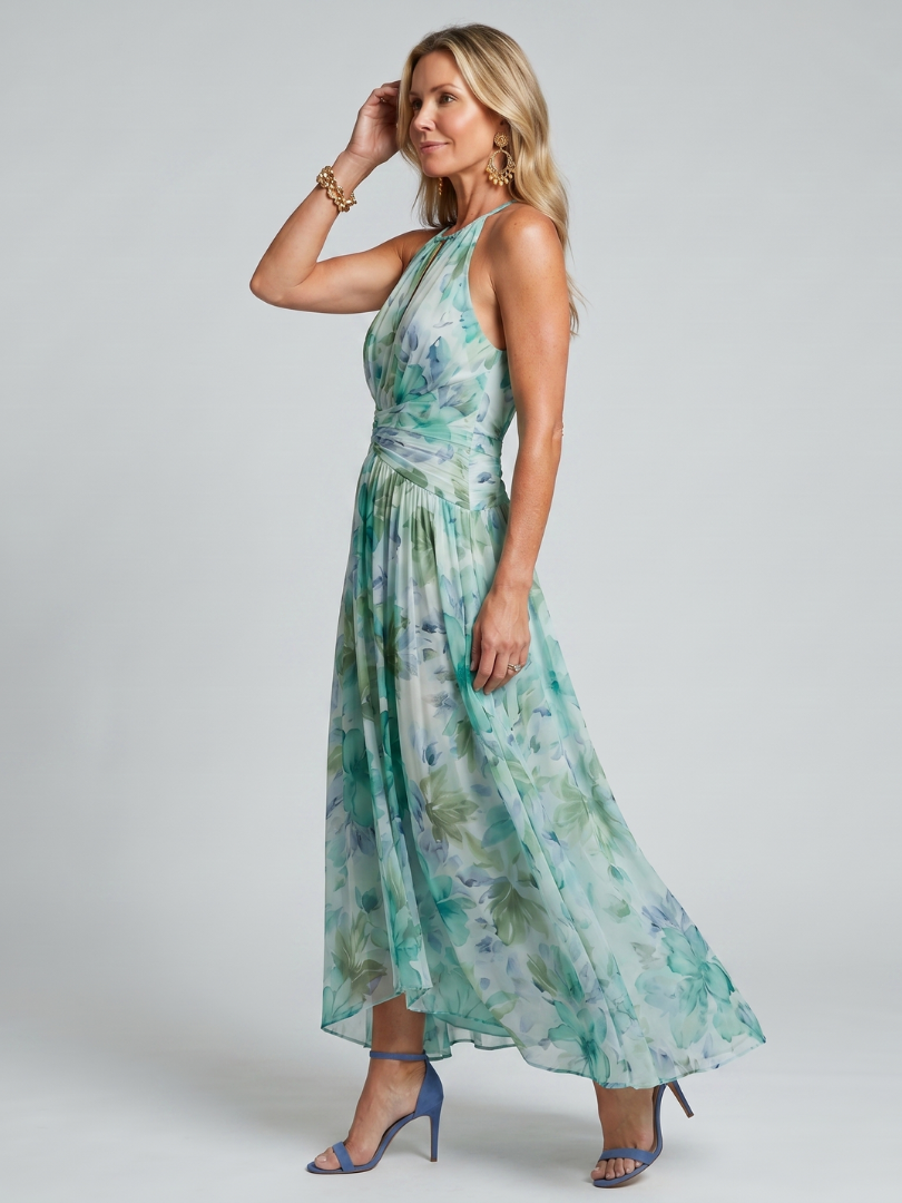 Palmer | Portia Midi Dress in Pleated Crepe with Halter Neck and Floral Print