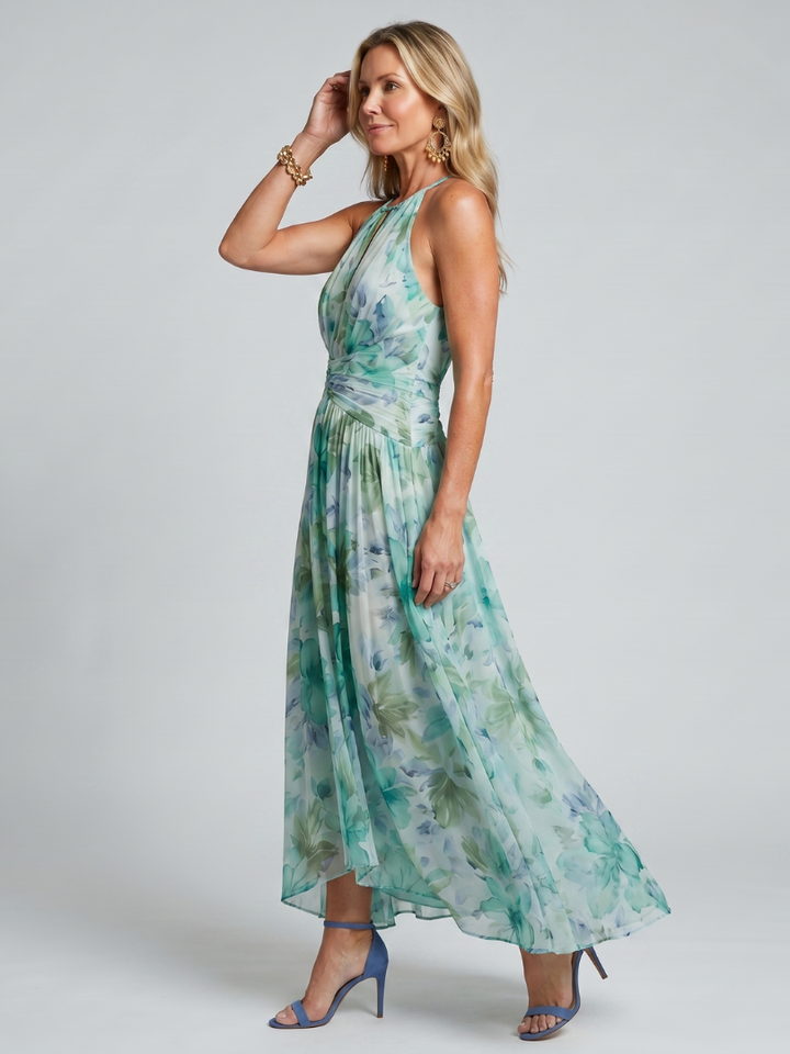 Palmer | Portia Midi Dress in Pleated Crepe with Halter Neck and Floral Print