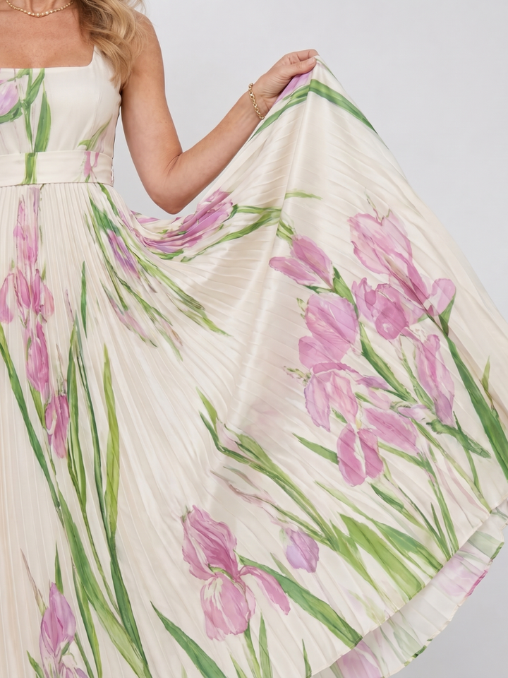 Phyllis | Sleeveless Satin Midi Dress with Square Neckline and Elegant Pleats