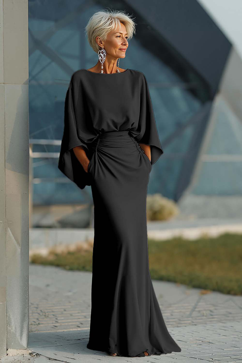 Dress 3/4 Sleeves Long Mother of the Bride Dress with Pockets
