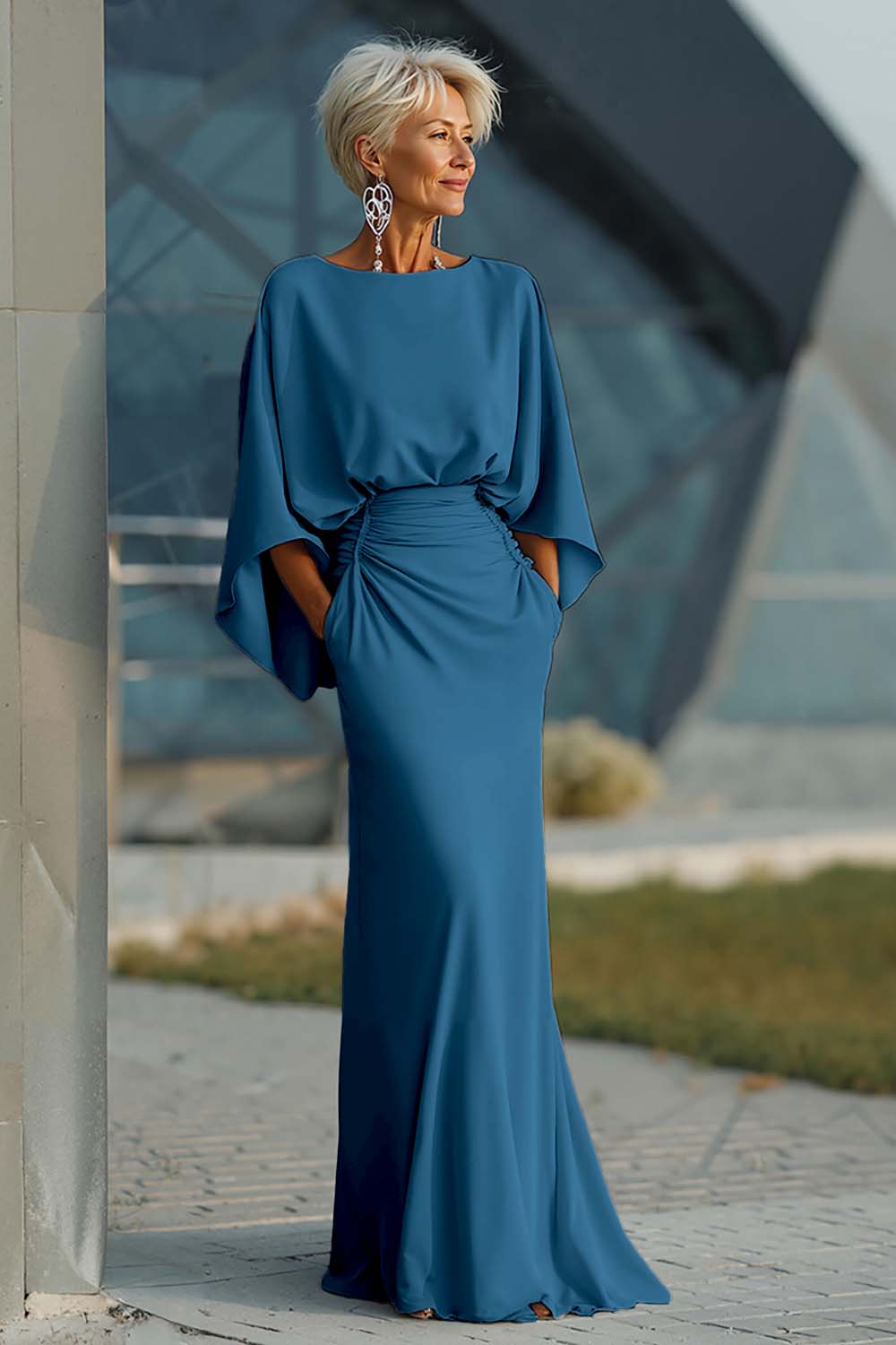 Dress 3/4 Sleeves Long Mother of the Bride Dress with Pockets
