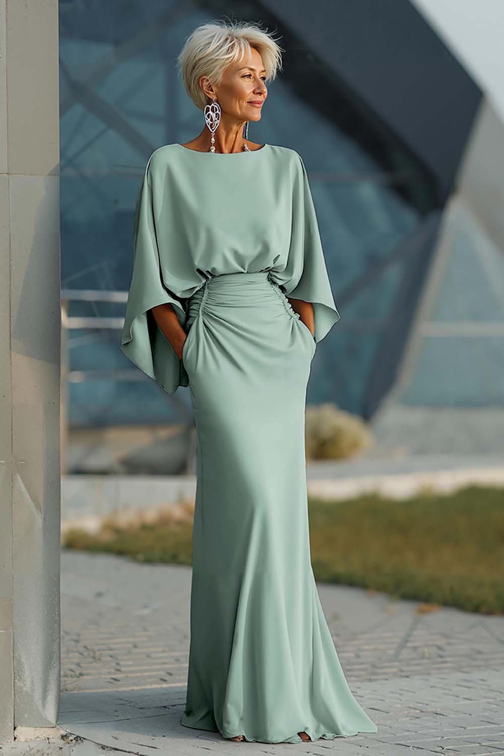 Dress 3/4 Sleeves Long Mother of the Bride Dress with Pockets