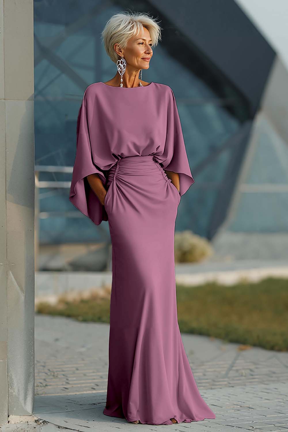 Dress 3/4 Sleeves Long Mother of the Bride Dress with Pockets