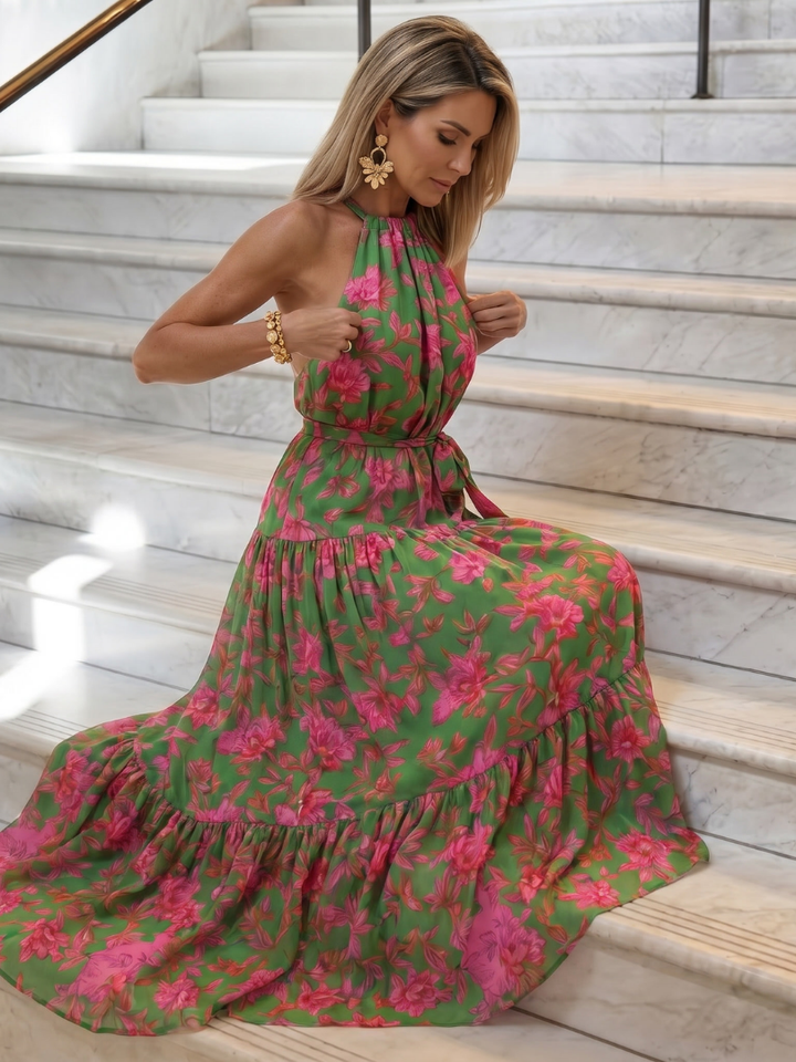 Norma | Elegant pink draped midi dress with halter neckline