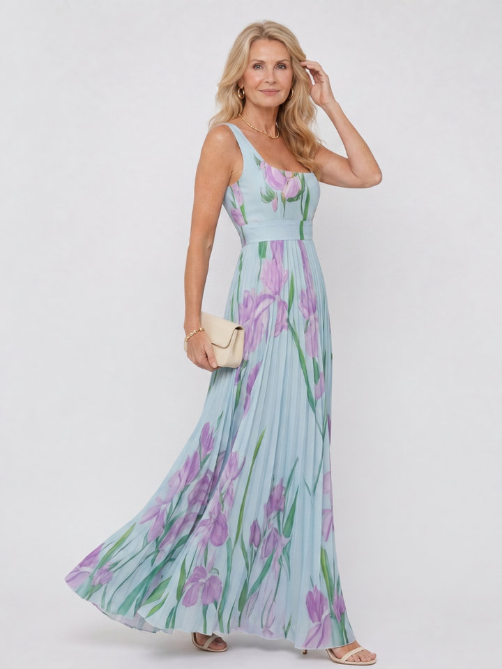 Phyllis | Sleeveless Satin Midi Dress with Square Neckline and Elegant Pleats