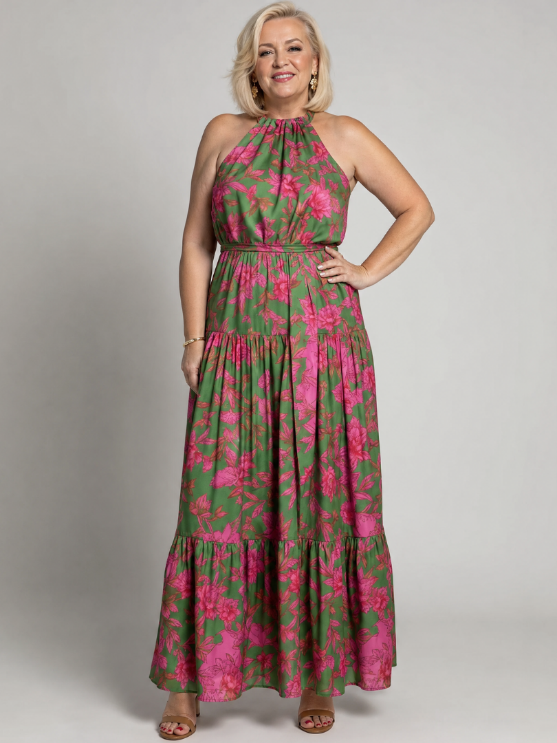 Norma | Elegant pink draped midi dress with halter neckline