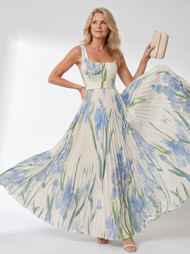 Phyllis | Sleeveless Satin Midi Dress with Square Neckline and Elegant Pleats