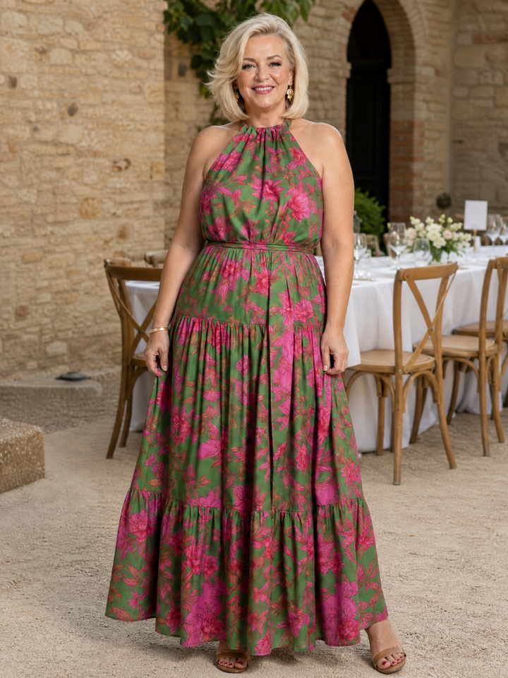 Norma | Elegant pink draped midi dress with halter neckline