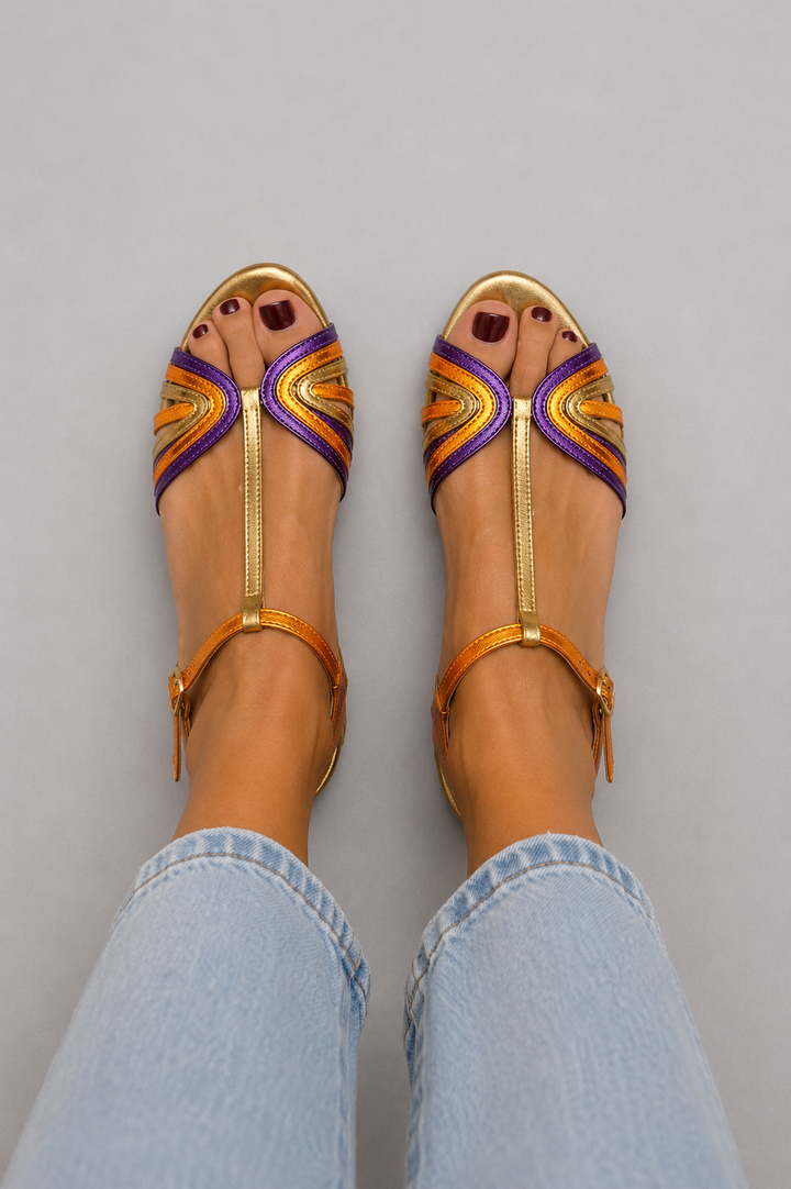 Jessica | Golden Sandals with Buckle and Multicolored Strap for Summer