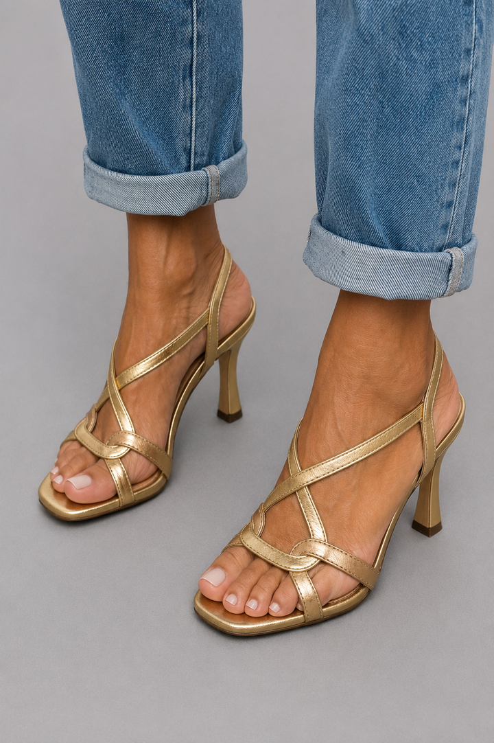 Amanda | Metallic Gold Heels with Crisscross Straps for Summer