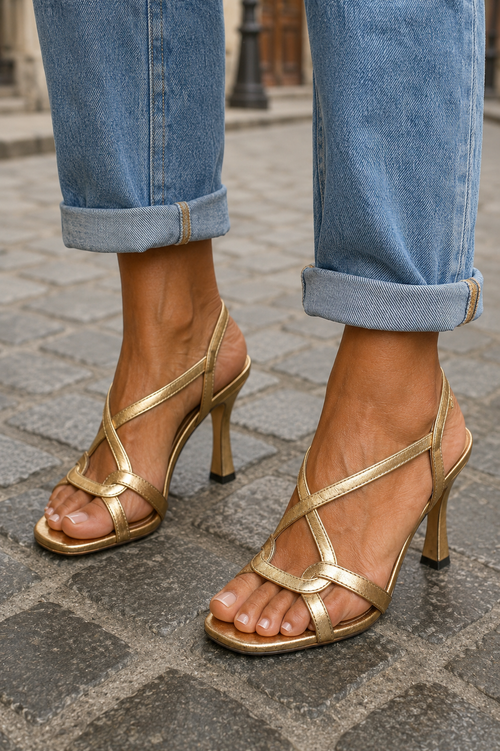 Amanda | Metallic Gold Heels with Crisscross Straps for Summer
