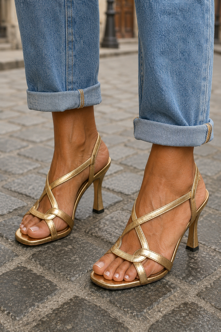 Amanda | Metallic Gold Heels with Crisscross Straps for Summer
