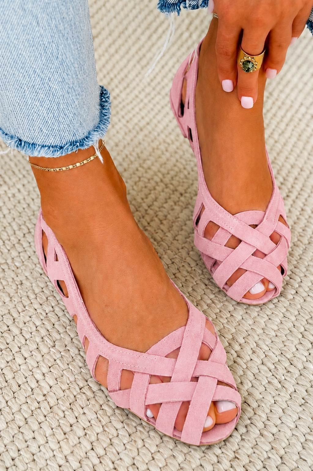Janet | Flat open-toe sandals with woven fabric for Summer