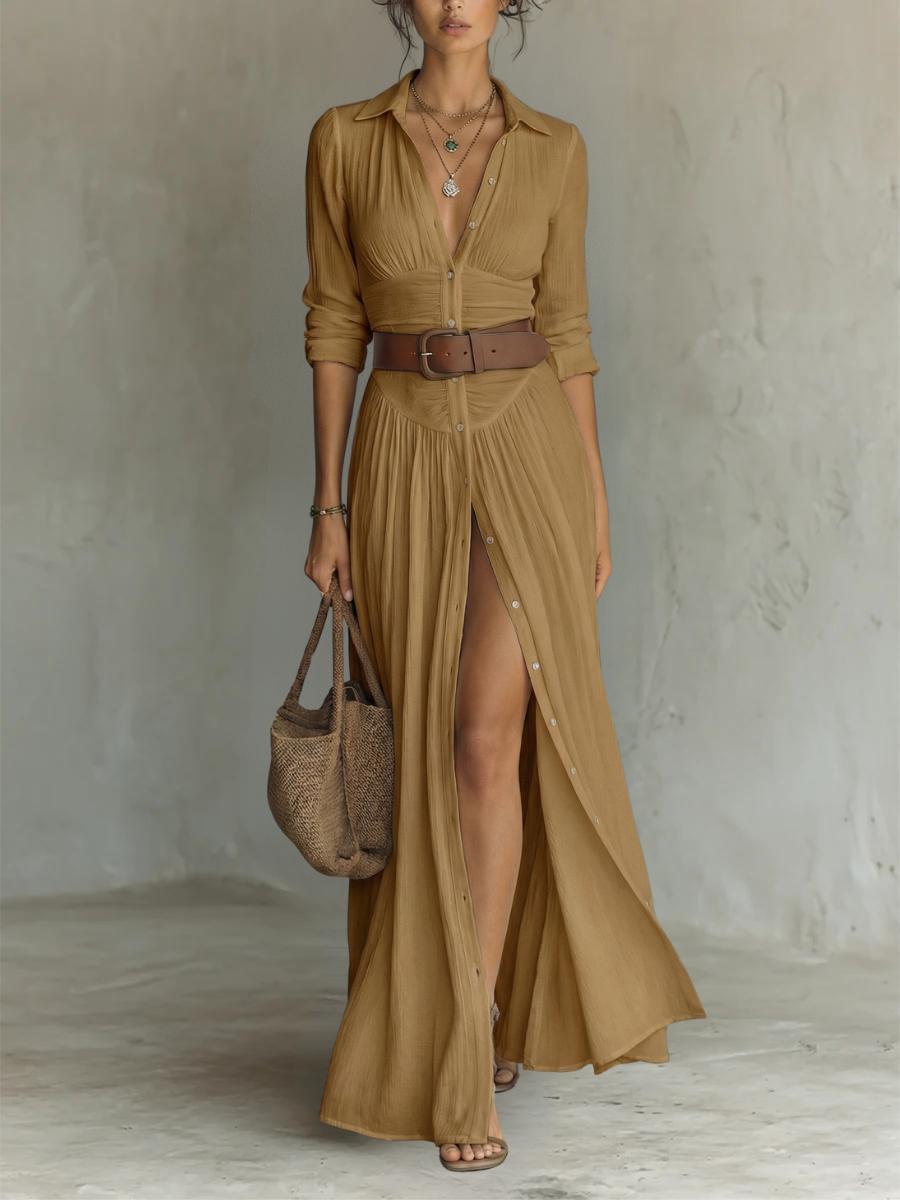 Amélia™ — Elegant Maxi Dress with Notched Collar