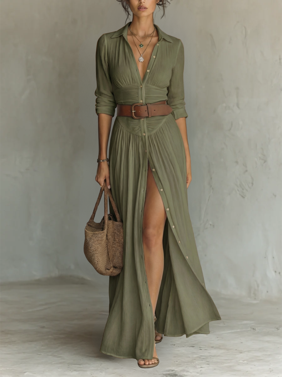 Amélia™ — Elegant Maxi Dress with Notched Collar