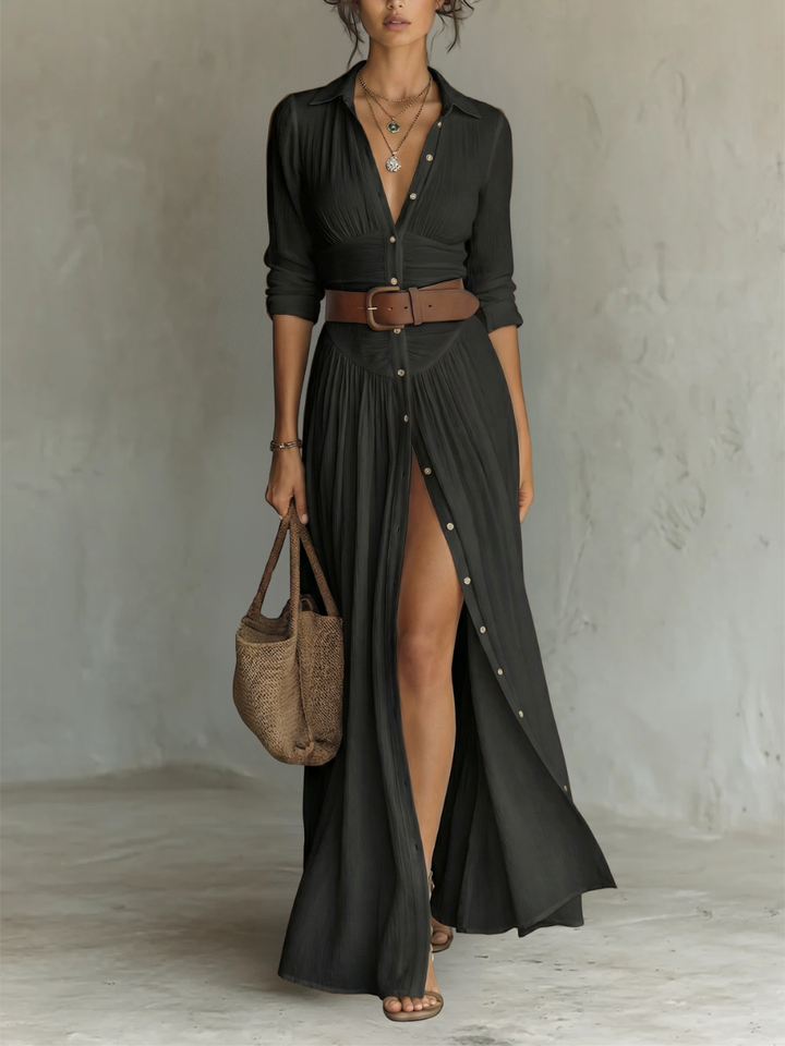 Amélia™ — Elegant Maxi Dress with Notched Collar