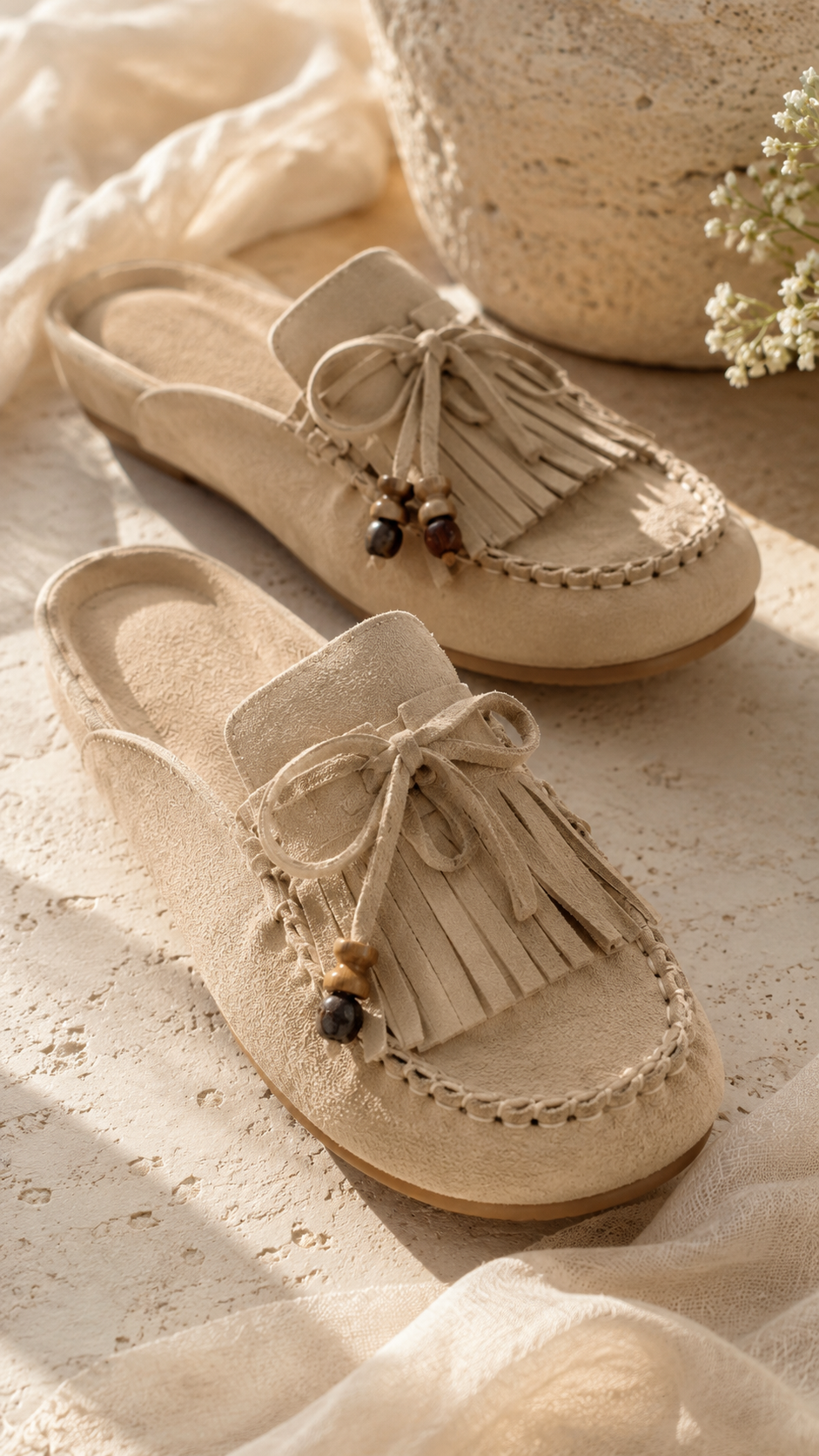 Camille | TAUPE FRINGED FLAT MULES
