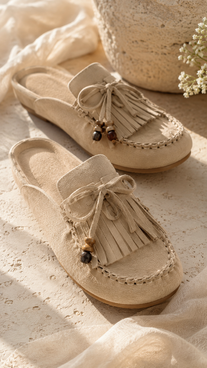 Camille | TAUPE FRINGED FLAT MULES