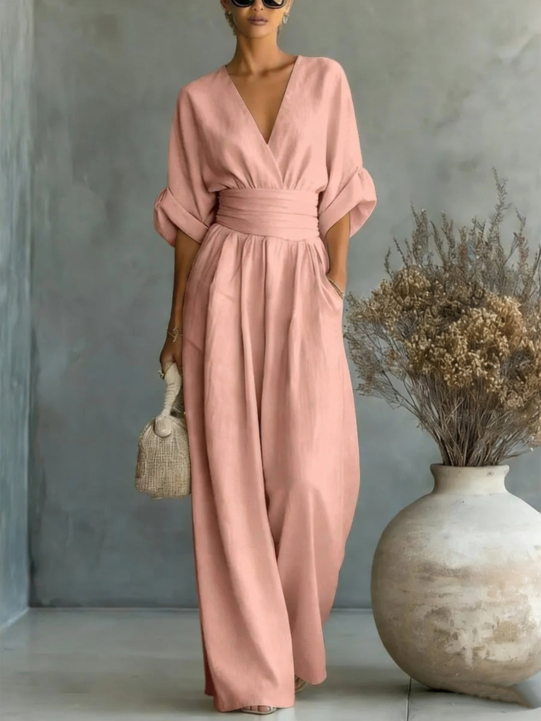 Blaine | Elegant V-Neck Dress Backless with Flowing Sleeves