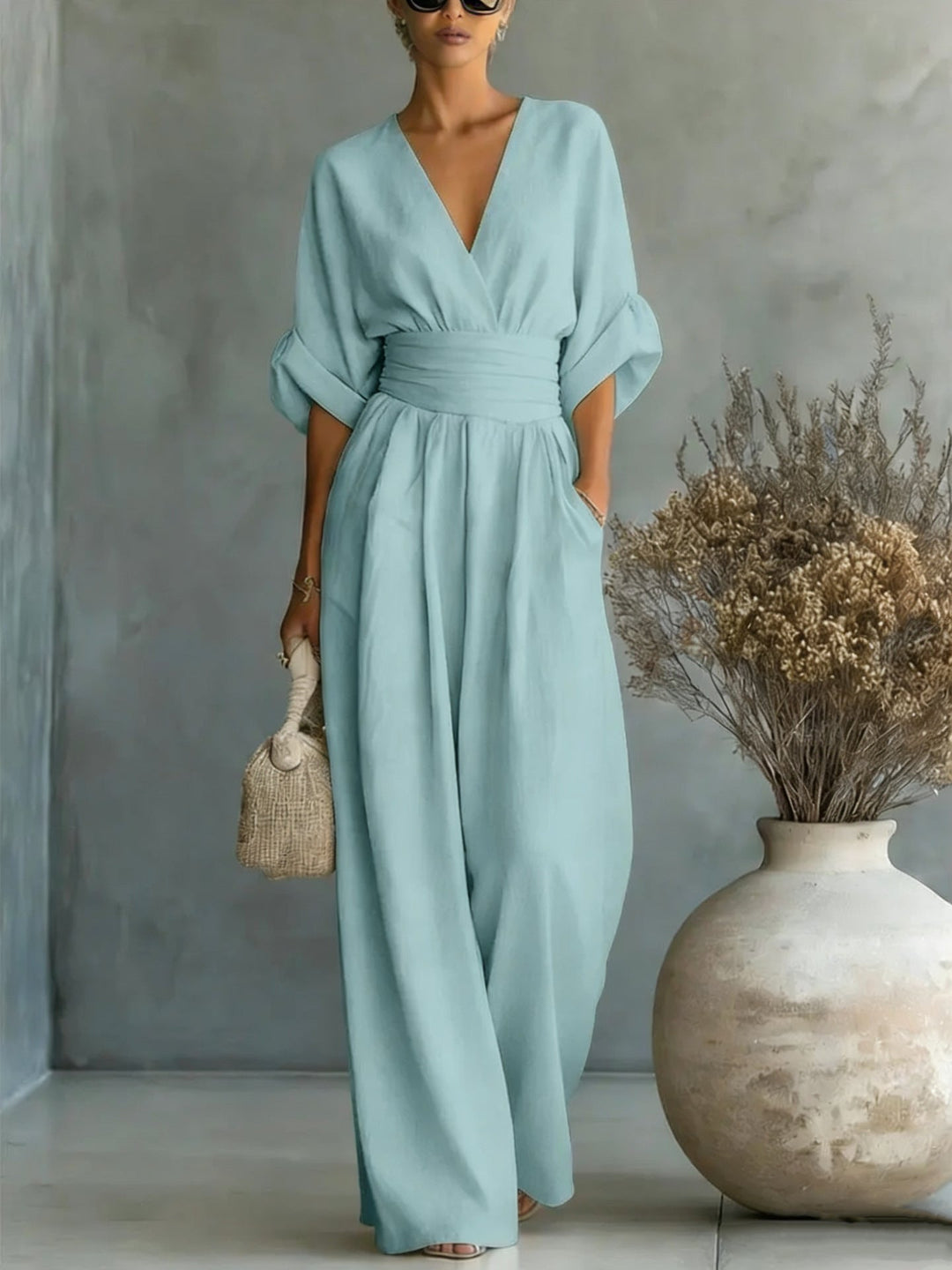 Blaine | Elegant V-Neck Dress Backless with Flowing Sleeves