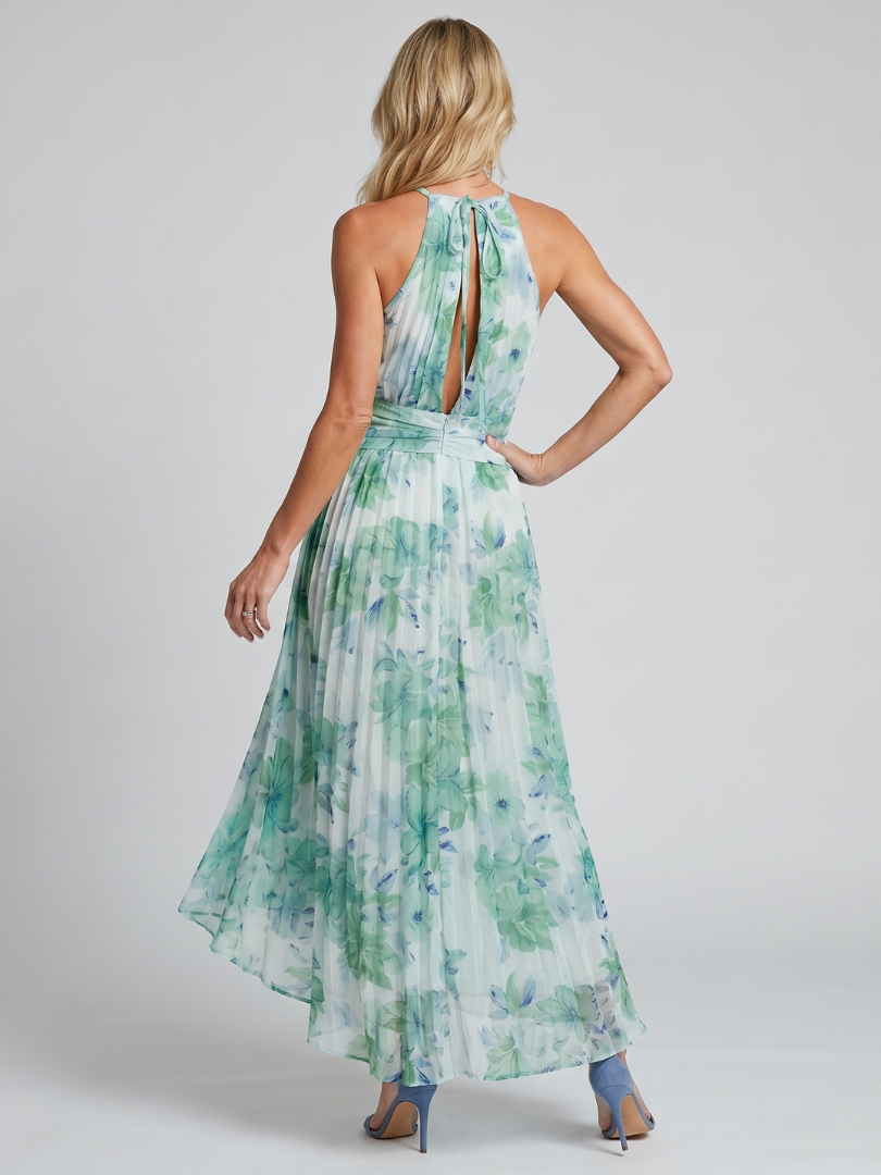 Portia | Midi Pleated Dress with High Neck and Floral Print