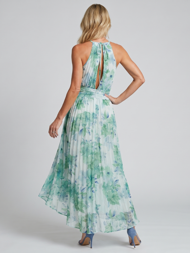 Palmer | Portia Midi Dress in Pleated Crepe with Halter Neck and Floral Print