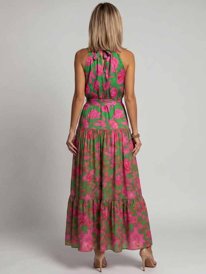 Norma | Elegant pink draped midi dress with halter neckline