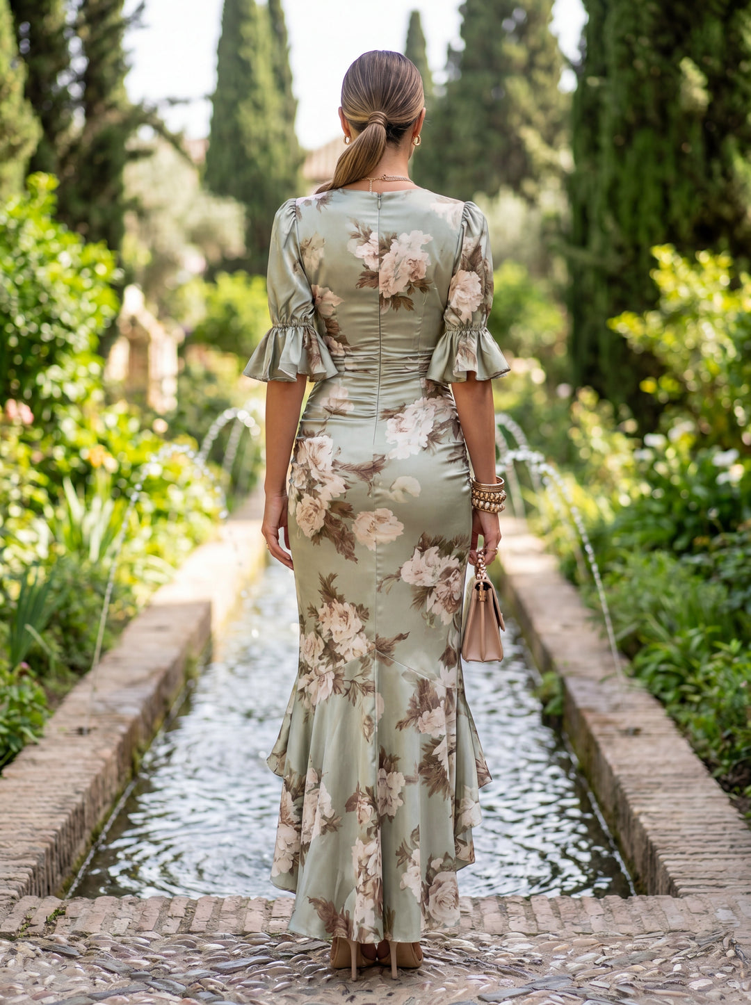 Drew | Long asymmetrical Green satin dress with V-neckline